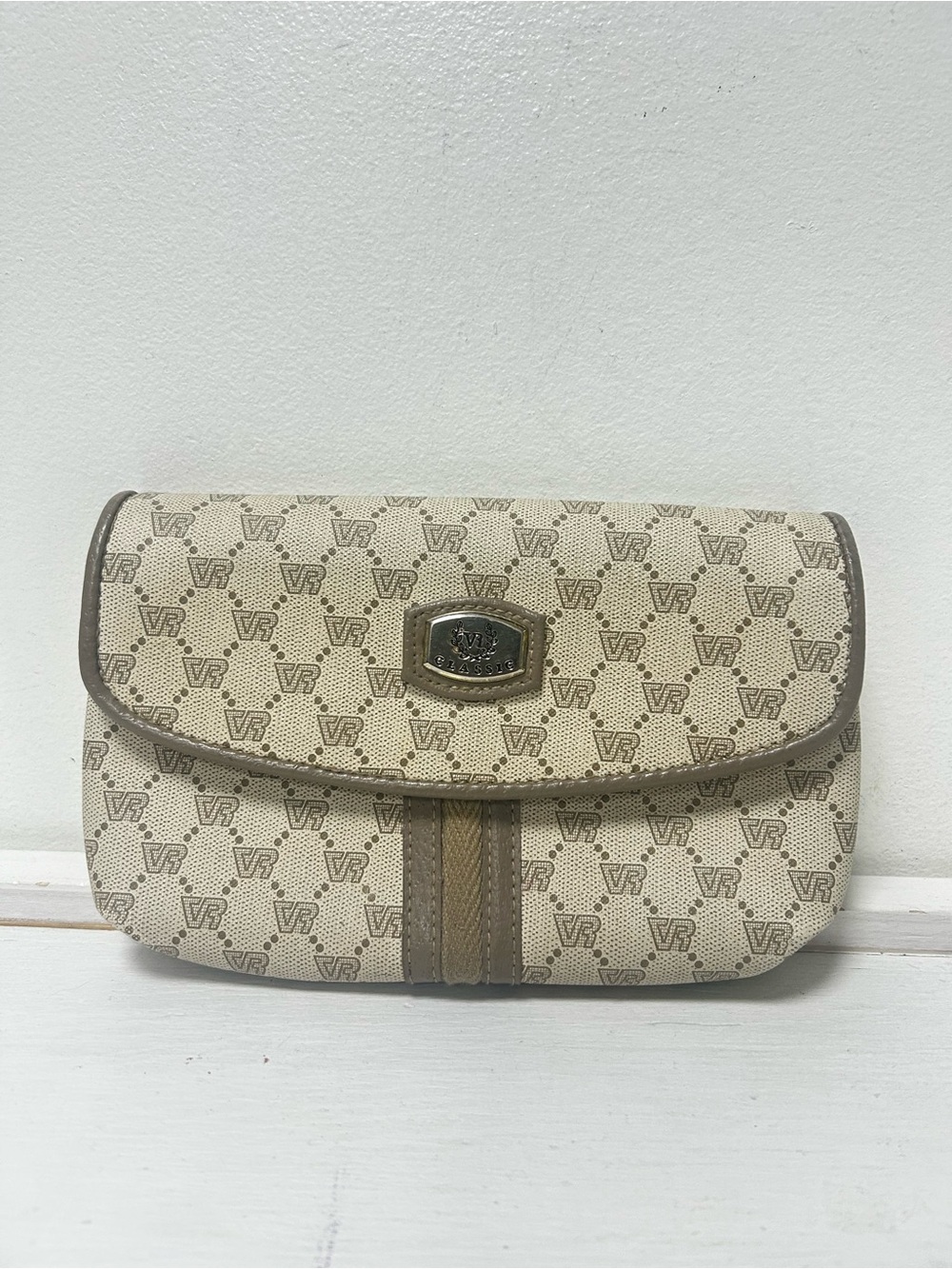Vintage‎ VR Classic Monogram Cosmetic Pouch Cream Taupe Logo Print Travel Case